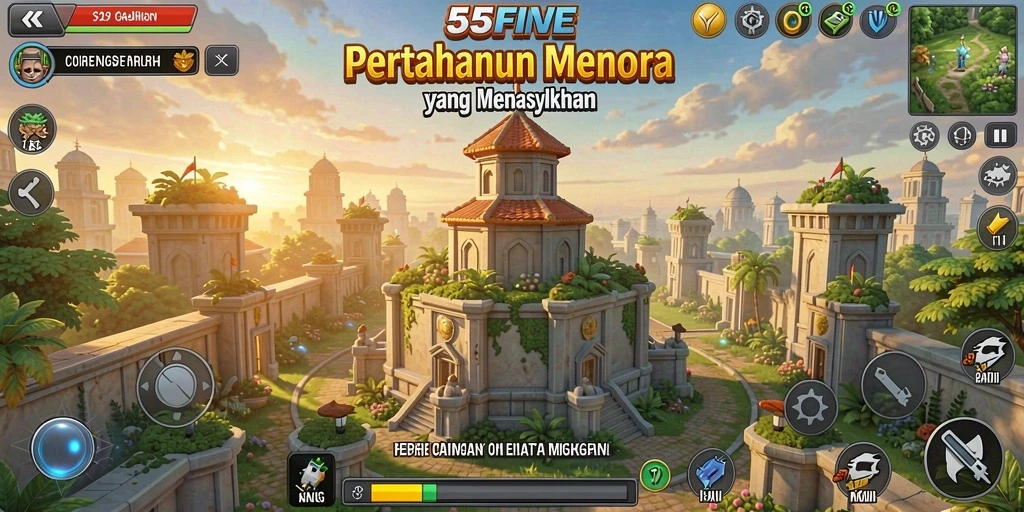 Tampilan screenshot 55FIVE menampilkan aksi menara pertahanan yang intens.