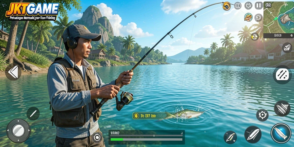 Screenshot gameplay JKTGAME dengan aksi memancing yang seru.