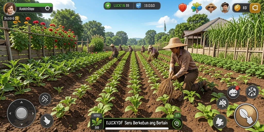Screenshot utama LUCKYDF yang menunjukkan kebun yang indah dan gameplay menarik.