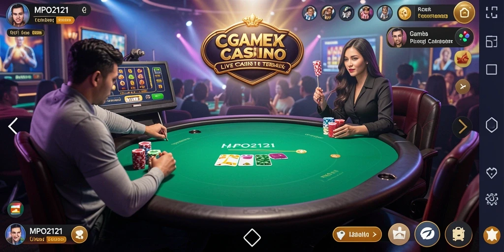 Screenshot MPO2121 menunjukkan dealer langsung dan permainan kasino yang seru.