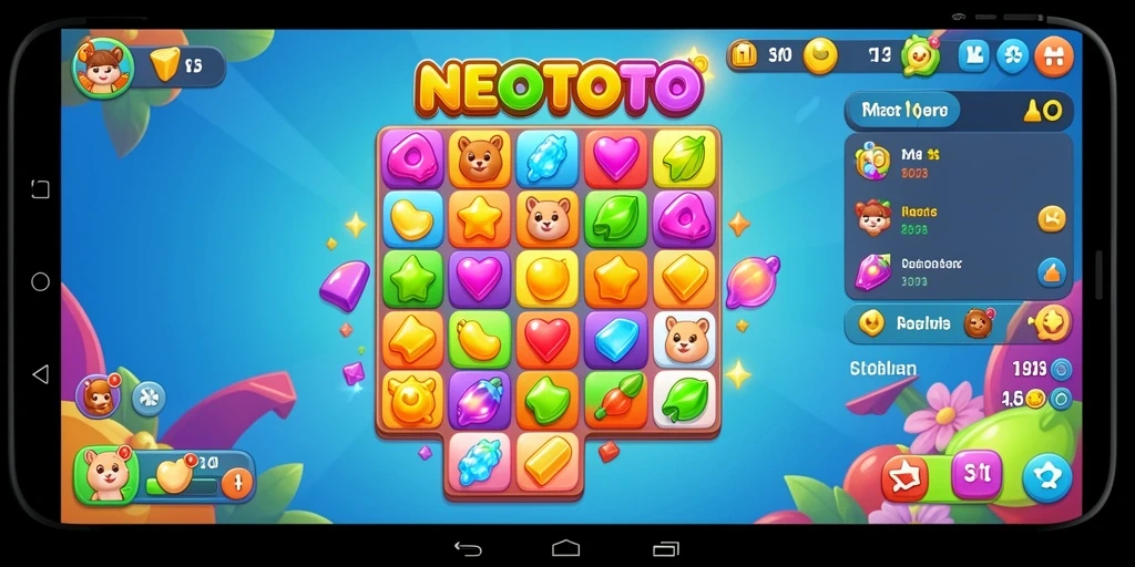 Screenshot NEOTOTO menampilkan gameplay Match-3 yang menarik dan penuh warna.