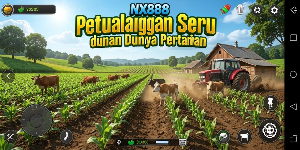 Tampilan screenshot utama NX888 menunjukkan momen seru dalam bertani.