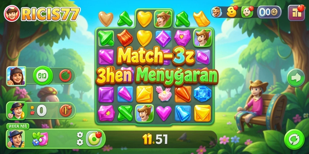 Tampilan gameplay RICIS77 dengan kombinasi puzzle berwarna-warni.