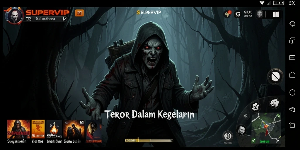 Screenshot gameplay SUPERVIP yang menunjukkan suasana mencekam.